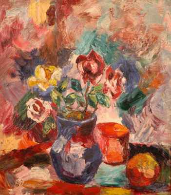 Vase of Roses and Fruit