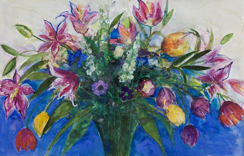 Tulips and Lilies on a Blue Background