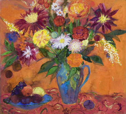 Blue Jug of Flowers on Orange