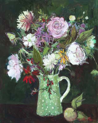 Roses in a Green Spotted Jug, on a Dark Ground