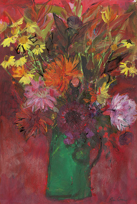 Dahlias and Helenium on Red with Green Vase