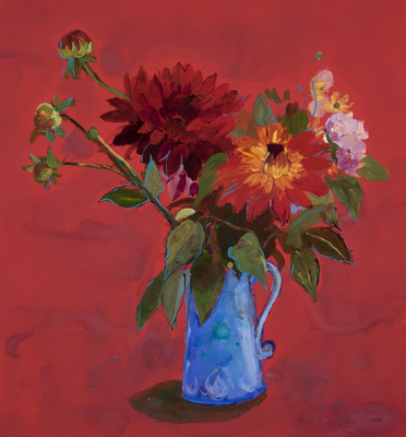 Dahlias in a Blue Jug