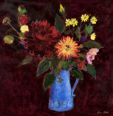 Dahlias in a Blue Jug on Maroon