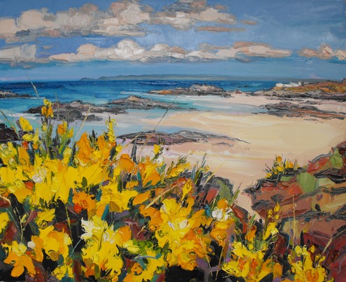 Gorse by the Shore with Distant Cottages