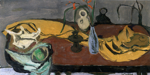 Still Life with Yellow Cloth & Blue Vase