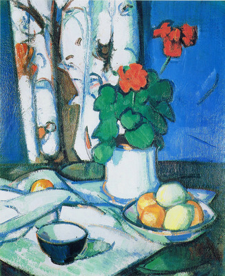 Still Life with Red Geraniums, Oranges & Lemons against an Oriental Drape