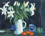 Lilies and a Pale Blue Jug on a Dark Ground