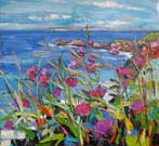 Distant Rathlin Island with Purple Flowers