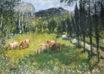 Vaches Paisant dans un Paysage Estival